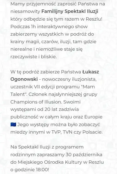Familijny Spektakl Iluzji w Reszlu – magia dla całej rodziny już 30 października