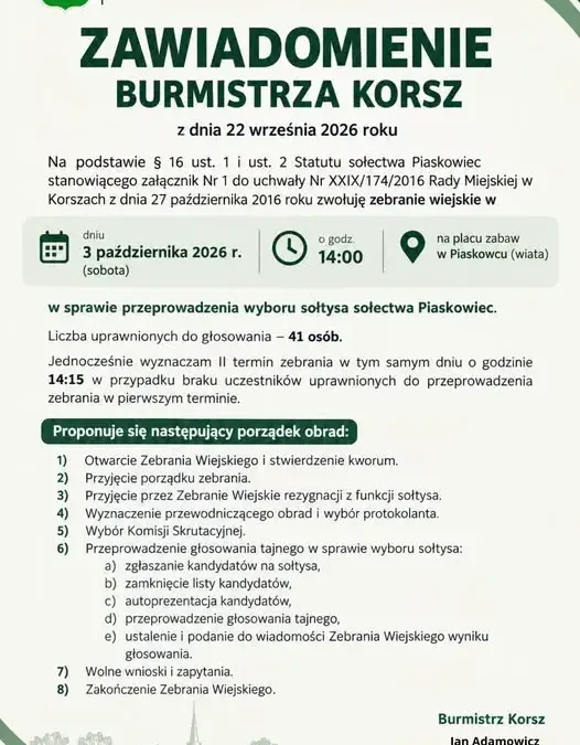 Mieszkańcy Piaskowca wybierają sołtysa. Zebranie wiejskie 3 października