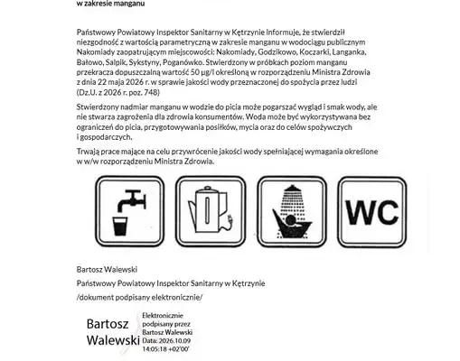 Kętrzyn: Nadmiar manganu w wodociągu Nakomiady – woda nadal bezpieczna do picia