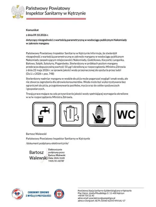 Kętrzyn: Nadmiar manganu w wodociągu Nakomiady – woda nadal bezpieczna do picia