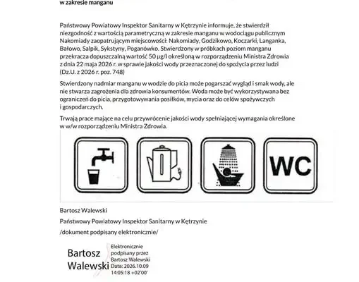 Mangan w wodociągu Nakomiady – komunikat sanepidu w Kętrzynie