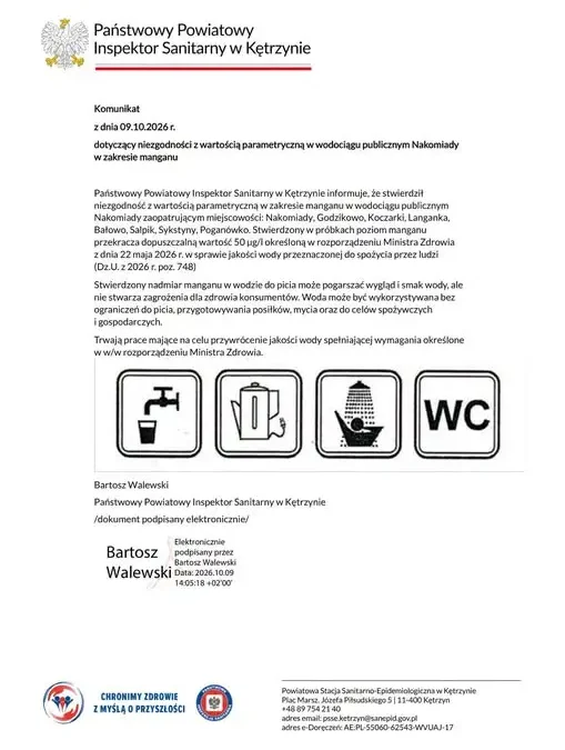 Mangan w wodociągu Nakomiady – komunikat sanepidu w Kętrzynie