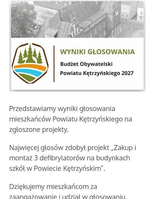 Defibrylatory przy szkołach wygrywają Budżet Obywatelski Powiatu Kętrzyńskiego 2027